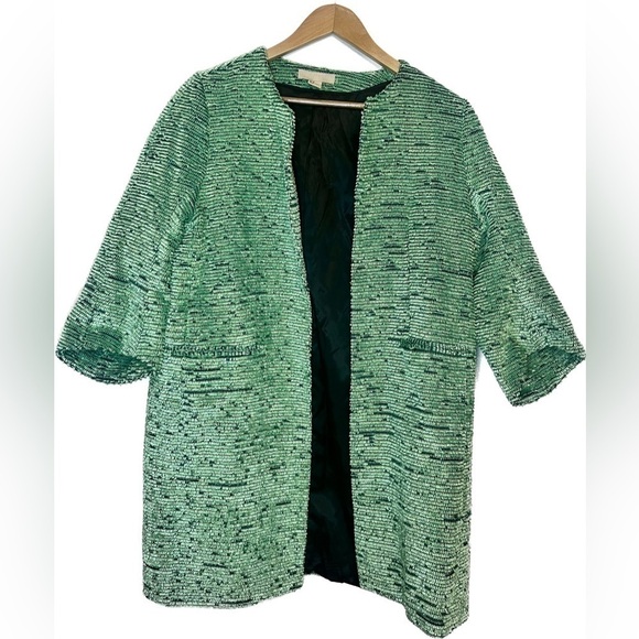 H&M Bright Green Jacquard Weave Fuzzy 3/4 Sleeve Open Front Jacket Sz 8 - Picture 2 of 9